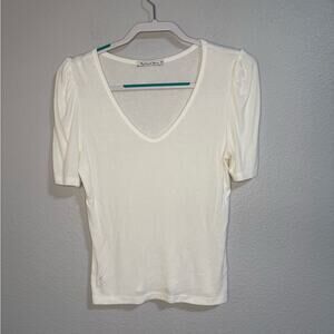 Michael Stars White Ribbed Knit Short Sleeve V Neck Fitted Tee